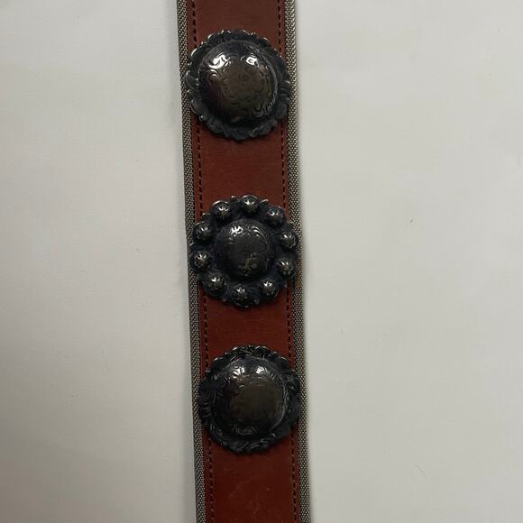 Vintage 1990s Boho Leather Medallion Belt Made in USA Brown Silver EUC - Picture 6 of 14